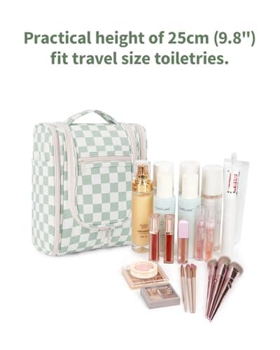 Narwey Small Hanging Toiletry Bag Women Travel Toiletries Makeup Bag Cosmetic Make up Bags for Travel Size Essentials Accessories (Medium,Mint Green Checkerboard) — view 3