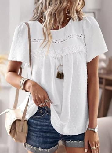 Falechay Womens Summer Blouses Crew Neck Lace Hem Basic Tee Shirts Flowy Chiffon Blouses Clothing for Women White L