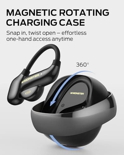 Monster Open Ear AC390 Headphones, Bluetooth 6.0 Earbuds with Stereo Sound, Wireless Headphones 24H Playtime, IPX5 Waterproof, Rotating Charging Case with Lanyard, Ultra-Light Open Ear Earbuds Black — view 3