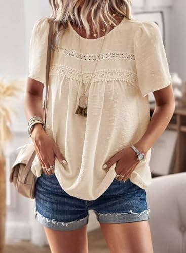 Falechay Cute Tops for Women Lace Pom Pom Babydoll Flowy Maternity Blouses Boho Round Neck Tunic Short Sleeve Girls Loose Apricot XS — view 3