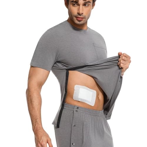 RefindWin Mens Post Shoulder Surgery Shirt Short Sleeve Tear Away Shirts Adaptive Clothing Men Chemo Port Shirts Grey M — view 2