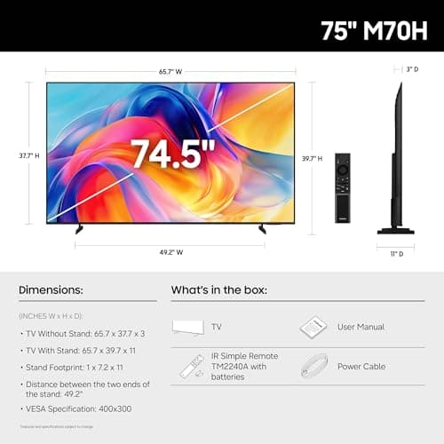 Samsung 75-Inch Class Mini LED M70H Series Samsung Vision AI Companion Smart TV (2026 Model, 75M70H) Processor 4K, Pure Spectrum Color, Motion Xcelerator + DLG 120Hz