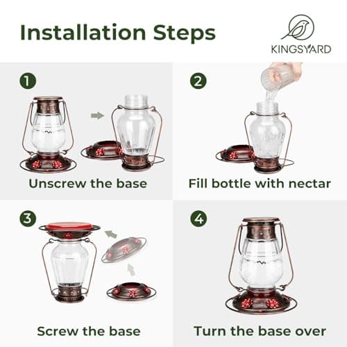Kingsyard Glass Hummingbird Feeder for Outdoors Hanging - Vintage Lantern Style Leak-Proof Humming Bird Nectar Feeder with 6 Feeding Ports & Ant Moat for Outdoor Garden Decor, 24 Ounce, Blue — view 4