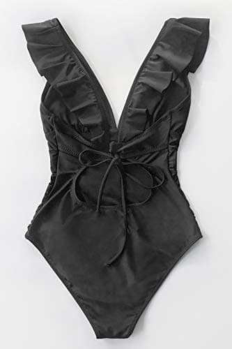CUPSHE Women's V Neck One Piece Swimsuit Ruffled Lace Up Monokini Black — view 3