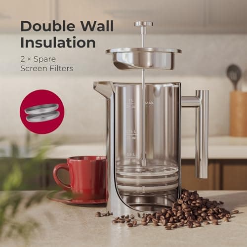 MuellerLiving French Press Coffee Maker 34oz, Stainless Steel French Press Coffee, 4 Filter Heat Resistant Double Insulated, Rust-Free, Food Grade, Dishwasher Safe Coffee Pot — view 2