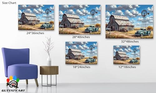 Farmhouse Prints Wall Art, Vintage Barn and Old Truck Picture Canvas Wall Art, Retro Windmill Canvas Prints, Country Rustic Landscape Picture for Farmhouse Living Room, Bedroom Wall Decor 12x18 Inches — view 3