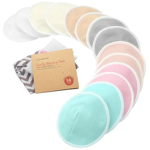 Organic Nursing Pads, 14 Washable Breast Pads,Wash Bag (Pastel Touch, L 5")