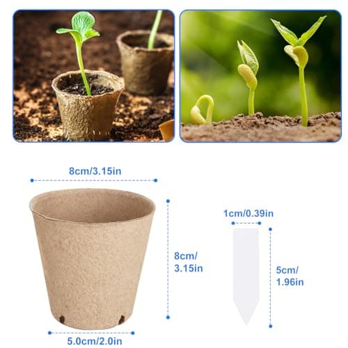 Peat Pots 8 cm, 65 Pcs Seed Starting Pot with Drainage Holes, 3.15 Inch Round Seedling Nursery Box, Small Seed Starting Starter Tray Bulk, Garden Germination Container with Bonus 65 Plant Labels — view 6