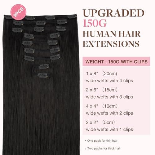 GOO GOO Clip in Hair Extensions Human Hair, 18in 150g 9Pcs, #1B Natural Black, Hair Extensions for Women, Clip-In