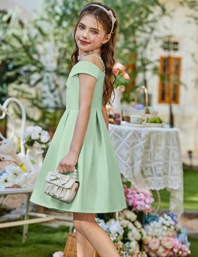 Arshiner Girls Summer Dress Off Shoulder Fold Pleated Formal Elegant A-Line Party Dresses with Pocket Light Green for 13-14Years Girls — view 3
