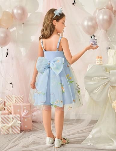 Arshiner Toddler Girls Tulle Dress Bowknot Tutu Birthday Princess Embroidery Blue Floral Dresses Formal Photoshoot Outfit Summer Clothes 5-6Years — view 4
