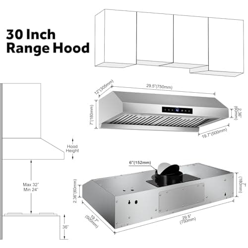 30 inch Under Cabinet Range Hood 1200 CFM with 4-Speed Gesture Sensing & Touch Control, Stainless Steel Kitchen Stove Vent Hoods with 2 LED Lights, Time Setting, Dishwasher-Safe Baffle Filters