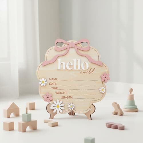 TTMerriwood Hello World Wooden Baby Birth Announcement Sign with Pink Bow, Cloud Shape Floral Newborn Name Date Time Weight Length Board, Baby Girl Nursery Photo Prop (Light Pink) — view 7