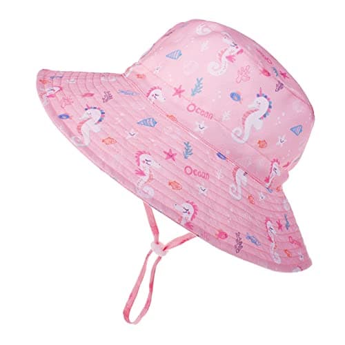 LO SHOKIM Baby Sun Hat 2 Pack Toddler UPF 50+ Summer Sun Protection Wide Brim Bucket Hat Baby Girl Beach Hat Boy Kids Adjustable Cap Summer (Pink Seahorse + Red Rose, M) — view 4