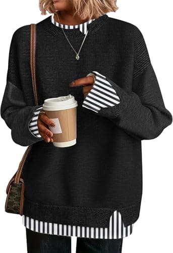 Disamer Womens Sweaters Fall Clothes Fashion 2026 Cowboy Chic Knit Cozy Sweater School Teacher Outfits Long Sleeve Pullover,Striped Black,Medium
