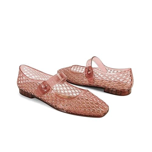 DOEYG Jelly Mary Ballet Flats for Women Jelly Sandals Shoes Women Beach Jellies Mary Jane Flats Ballerina Shoes, Jelly Pink, 11 — view 3