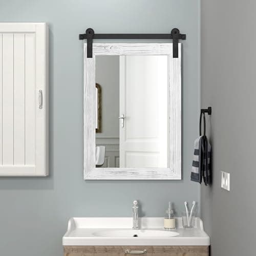 COGOOD Farmhouse Bathroom Mirror - 30 x 21 Rustic Wood Framed Wall Barn Door Mirror for Entryway, Living Room, Entryway Wall Decor (White)