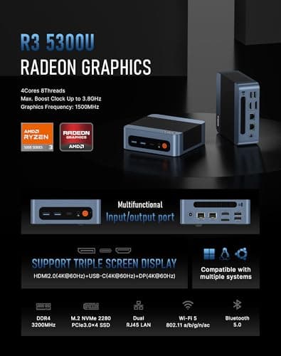 BOSGAME E5 Mini PC with Ryzen 5300U, 16GB RAM 512GB SSD, Win11 Pro Mini Desktop Computer for Home Office | Triple Display, Dual LAN, WiFi 5, BT 5.0