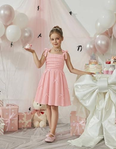 Arshiner Girls Summer Dress Pink Formal Special Occasion Casual Smocked Sleeveless Dresses for 9-10 Years