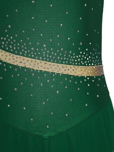 TSSOE Women Figure Skating Dress Long Sleeve Shiny Rhinestone Ice Skating Dress Ballet Dancewear Green Small — view 5