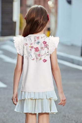 Arshiner Summer Shirts for Girls Mesh Ruffle Flutter Sleeve Little Girls Tops Round Neck Kids Floral Soft Shirts Size 5-6