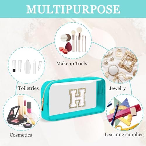Mini Clear Personalized Initial Makeup Bag, Nylon Preppy A-Z Chenille Letter Patch Zipper Cosmetic Bag, Small Cute Pouch Travel Coin Purse Toiletry Bag, Small-Cyan, H — view 3