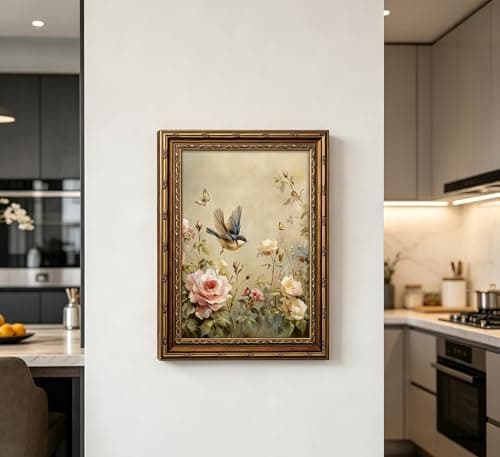 Vintage Gold Framed Bird Wall Art Spring Cottagecore Painting Canvas Sparrow And Butterfly In The Rose Bush Picture Wall Decor Whimsical Floral Aesthetic Print Artwork For Living Room Bedroom — view 2