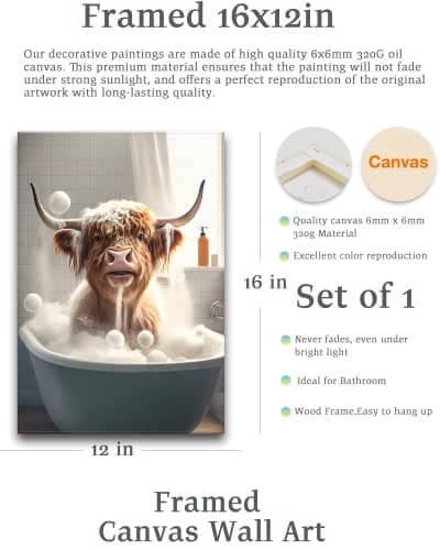 UPWOIGH 12x16 Framed Highland Cow Bathroom Wall Art