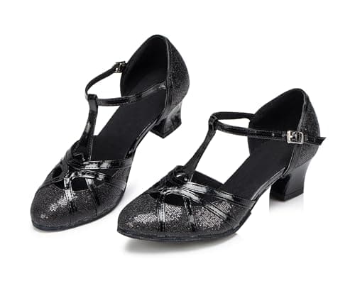 Minishion Women's T-Strap Dance Heels Glitter Salsa Ballroom Shoes Wedding Party Pumps, L2040 Black 5cm Heel, 9.5 — view 3
