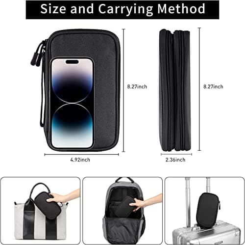 Portable Electronics Travel Organizer with Double Layer Design, Waterproof Electronic Organizer to Hold USB Flash Drive, Cords, Chargers, Phones, Earphones, Power Banks, Mouse, and SD Card Black