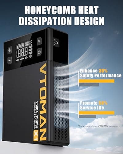 VTOMAN X1 Jump Starter with Air Compressor, 2500A Portable Battery Booster (Up to 8.5L Gas/6L Diesel Engines) with 150PSI Digital Tire Inflator, 12V Power Pack Car Jump Box Charger with LCD Display — view 5
