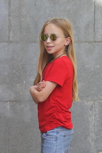 Arshiner Short Sleeve Shirts Girls Red Side Ruched Tops for Teen Girls Round Neck Kids Casual Soft Blouses 11-12 Years — view 2