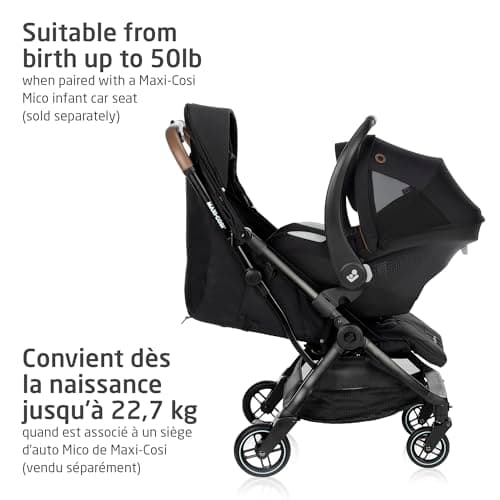 Maxi-Cosi Eva Lightweight Compact Travel Stroller, Infant to Toddler (Up to 48 lb), One-Hand Auto Fold, Full Recline Seat, Puncture-Proof Wheels, Extendable FPS Canopy, Includes Car Seat Adapters, Travel System Compatible — view 2