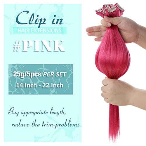 RUNATURE Clip in Hair Extensions Human Hair Color Hot Pink 16 Inch 30g 5pcs — view 8
