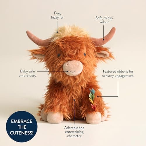 Itzy Ritzy Snuggles Plush Toy – Soft Stuffed Animal for Babies, Kids & Adults – Sensory Ribbons & Textured Fabrics for Tactile Play – Cozy & Cuddly Companion for Newborns & Up (Highland Cow) — view 3