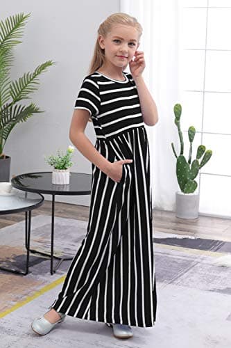 GORLYA Girl's Short Sleeve Floral Print Loose Casual Holiday Long Maxi Dress with Pockets 4-12 Years (11-12Years/Height:150cm, Black Stripe) — view 2
