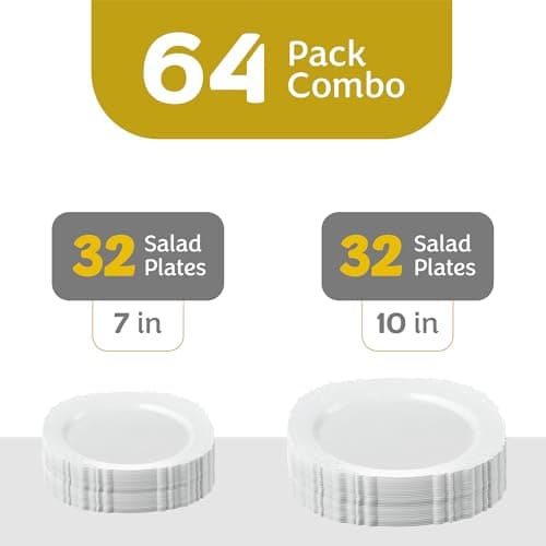 PLASTICPRO 64 Pack Elegant Disposable Plastic Plates Combo Set Includes 32 Dinner Plates and 32 Salad Heavy Duty Fancy Party Plates White Embossed Victorian Design — view 3