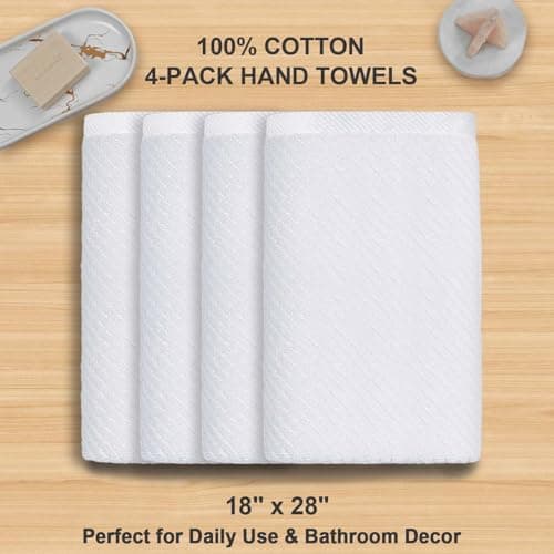 White Hand Towels - 100% Cotton | Lightweight | Thick | Quick Dry | Soft | Absorbent, 4 Pack Large 18" x 28", Bath Hand Towels for Bathroom, Luxury Towel Gift Set — view 3