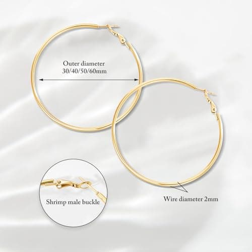 PICKBEAU Gold Large Hoop Earrings for Women | 14K Real Gold Plated Hypoallergenic Big Round Circle Hoops Women's Loop Earrings Set for Women(30/40/50/60mm) — view 4