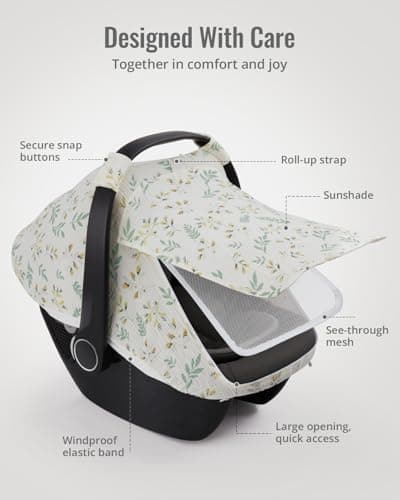 Blissful Diary Baby Car Seat Cover, Extra Large Mesh Window, Breathable Muslin Cotton, Infant Windproof Canopy, Must-Have Baby Gift - Botanical Leaf — view 3