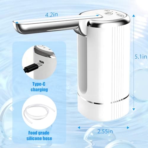 Water Dispenser Pump for 5 Gallon Water Bottles, USB Type-C Rechargeable with 1200mAh Battery, Foldable Spout, One-Touch Control (40s/80s), Powerful Suction for Home, Office, Camping - White — view 3