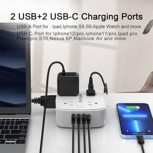 6 Ft Surge Protector Power Strip - 8 Widely Outlets with 4 USB Ports, 3 Side Outlet Extender with 6 Feet Extension Cord, Flat Plug, Wall Mount, Desk USB Charging Station, ETL,White — view 4