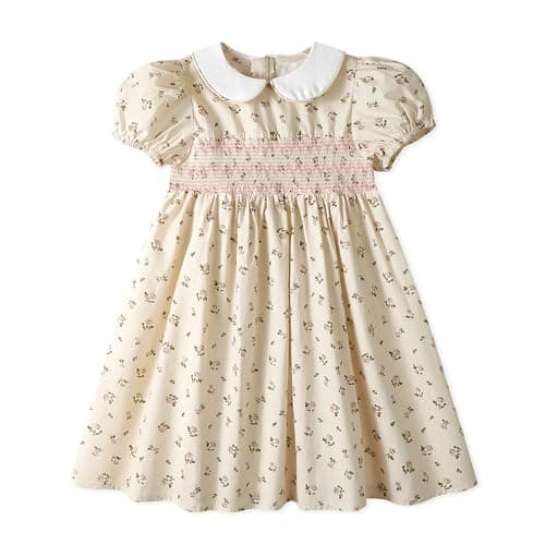 Miipat Toddler Girls Smocked Floral Dress Puff Sleeve Cotton Vintage Kids Peter Pan Collar Summer Dress(BeigeFloralPrint,3-4T)