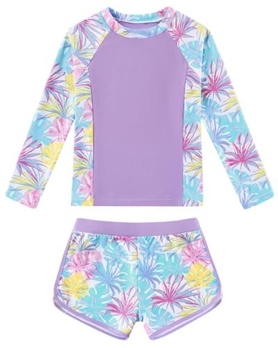 Ghteas Girls Rash Guard Swimsuit Long Sleeve Swimsuit 2 Piece Color Elastic Waist Swim Trunk Bathing Suit Beach Tween Girls Swimwear Size 11-12 Purple