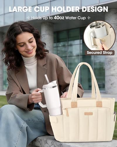 RAINSMORE Laptop Tote Bag for Women 15.6 Inch Puffer Quilted Work Bag with 40oz Cup Holder Large Capacity Lightweight Shoulder Bag for Teacher Travel Business Casual Office Professional, Beige — view 2