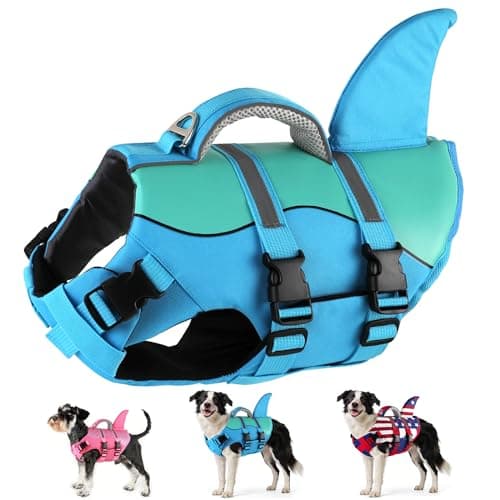 Dogcheer Dog Life Jacket Shark, Neoprene Harness Dog Life Vest with Lift Handle, Reflective Adjustable Pet Swim Float Vest for Small Medium Large Dogs - Blue, S