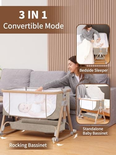 Baby Bassinet, Basinet Bedside Sleeper with Waterproof Bassinet Sheets and Soft Mattress, Safe Adjustable Height Bedside Bassinets with Wheels, Girl/Boy Bassinets, Jestonten (Khaki) — view 2