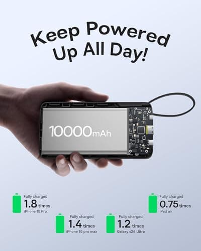 Baseus Portable Charger, 10000mAh Fast Charging Power Bank, 22.5W PD3.0 QC3.0 Battery Pack Built-in USB C Braided Cable, Travel Essentials for iPhone 17 16 15, iPad, S25/S24, Indoor/Outdoor, Travel — view 5