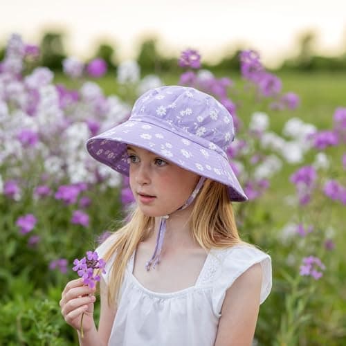 Jan & Jul Wide Brim Summer Bucket Hat for Girls Cotton (L: 2-5T, Purple Daisy) — view 3