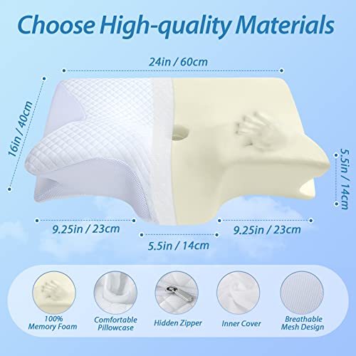 HOMCA Memory Foam Pillow, 2 in 1 Cervical Pillow for Neck Pain Relief, Ergonomic Neck Support Pillows for Side Back Stomach Sleepers with Breathable Pillowcase(White) — view 2